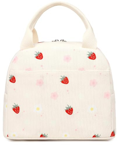 EDLMKM Insulated Lunch Bags for Women, Adult Cute Strawberry and Flower Corduroy Cool Bag Lunch Box Tote Bag, Two-Meal Storage Space, Reusable Cooler Bags for Girls Adults Work Travel Picnic School