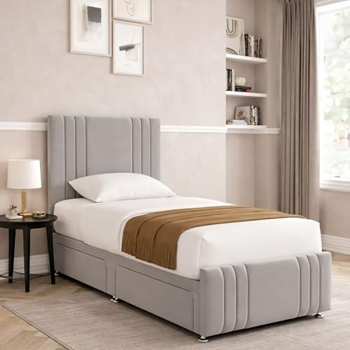 THE BED VILLAGE YORKSHIRE Ripon with Footboard Single (3ft) Divan Bed with Mattress, Headboard & 2 Drawers Same Side | Silver Grey Plush Fabric | British Timber | Sustainable Handcrafted Design