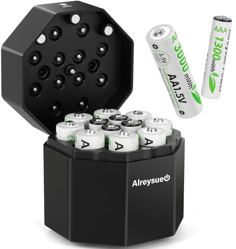 12Pack Rechargeable AA & AAA Battery Pack with Charger Startion (8pcs AA + 4pcs AAA), 1.5V Long-Lasting Lithium with Universal Charger & Storage Box for Blink Outdoor Cameras & Toys