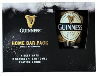 Guinness Home Bar Pack Verres à pinte | Cartes à jouer | Tapis de bière | Serviette de bar
