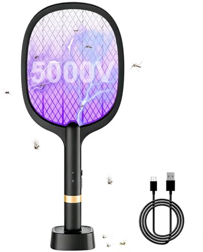 YOUBST Electric Fly Swatter Racchetta Zanzare Elettrica 5000V 1800mAh con USB Ricaricabile e LED 2 in 1 con Base Recargable, LED Trappola per Zanzare para Uso en Interiores y al Aire Libre (1 pezzo)