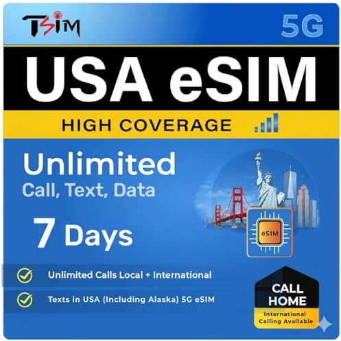 TSIM USA eSIM 7 giorni | Alta copertura di rete | Dati illimitati negli Stati Uniti | eSIM disponibile entro 24 ore | Hotspot | Call Home