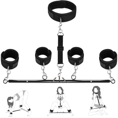 Spreader Bar Sex Toys BDSM Bondage Restraints with Handcuffs Ankle Cuffs & Collar for Couples Adults SM Games Kinky, Heavy Duty Metal Spreader Bar Adjustable and Detachable 23-33 Inch