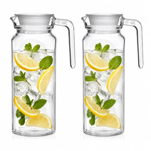 2 Caraffa in Vetro 1 Litro con Coperchio Antigoccia, Brocca Acqua in Vetro Trasparente con Manico, Caraffa per Acqua, Succo, Tè Freddo e Bevande, Design LISCIO Elegante, Lavabile in Lavastoviglie