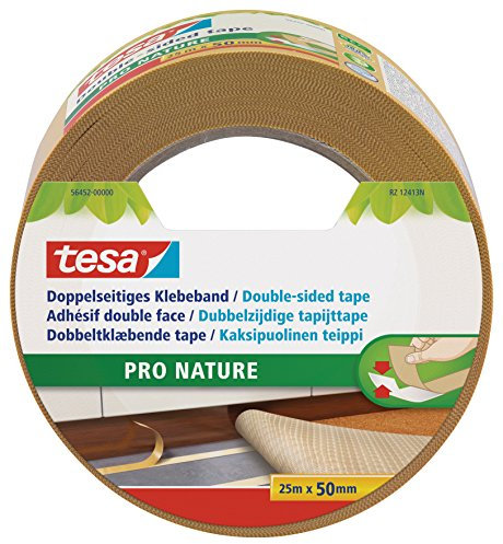 tesa Pro Nature Eco Fixation Double-Sided Tape Roll - Ecological - Versatile - Carpet Fixing, Decoration, Crafts - 100 % Recycled Plastic - 25 m x 50 mm