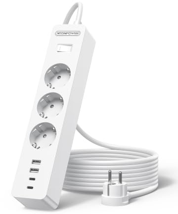 NTONPOWER 3-vägs grenuttag 3 m med USB-C flera uttag, överspänningsskydd, väggmontering, använd lim, lång förlängningskabel barnsäkring, vit, flerdelad