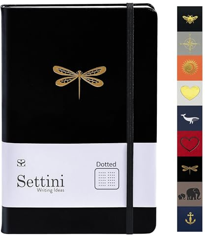 SETTINI Dotted Journal, Ideal for Bullet Journaling - A5 Vegan Leather Notebook, 192 Archival-Quality Pages, QuillEase Bleed-Free Paper, Inner Pocket & Bookmark - Dragonfly Gifts for Women, Black Dragonfly