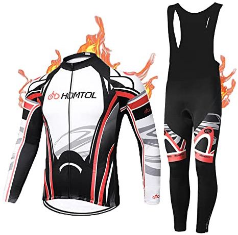 HOMTOL Cykeltrikå set, långärmad, herr, termisk fleece, vinter, cykelkläder, cykeldräkter, cykeltröja med termofleece, cykelbyxor med sittdyna, 9D-gel för cykling, MTB utomhus
