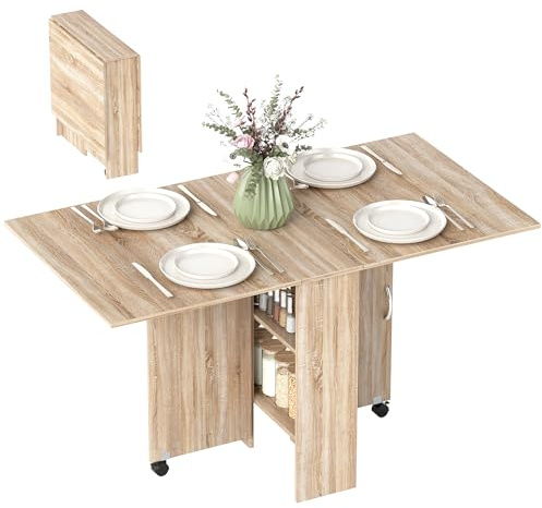 HOMCOM Mesa Plegable de Comedor con Ruedas 75x140x74 cm Natural