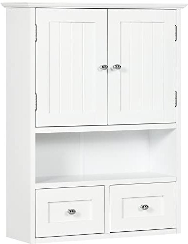 kleankin Armario de Baño de Pared, Armario Colgante, Mueble Suspendido de Baño, 2 Puertas con Cierre Magnético, 2 Cajones y Estante Abierto, para Cocina, Lavadero, 50,8x17,8x66 cm, Blanco
