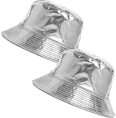 JAZTAKU 2 Pcs Silver Metallic Bucket Hat Unisex Camping Bucket Hat Sun Protection Flexible Fold