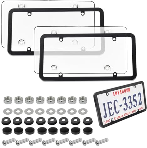 LoyaGour 2Pack Transparent License Plate Cover and Frames,Clear Front and Rear License Plate Holder,Unbreakable Car Licence Plate Frame Protector fits Any US Plates with Screws & Caps (Black Frame)