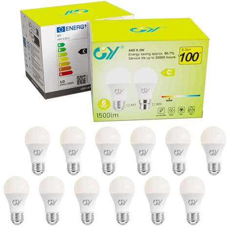 GY 9.3W Led-lampor E27 varmt ljus 3000K 1500LM, ej dimbar - Klass C energisparlampa, A60-lampa E27-sockel Förpackning med 12 st