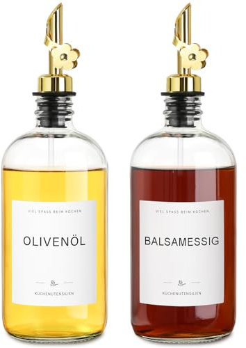 gmisun Ölflasche, 2x500ml Ölflasche Essig und Ölflaschen Set mit Ausgießer für Küche, Olivenöl Flasche aus Glasmit Etiketten, Essigspender mit Dosierer, Spender für Sirup für die Küche