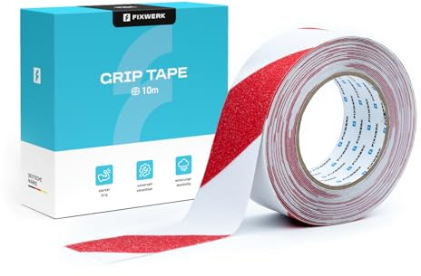 FIXWERK Halkfri tejp | grepptejp | självhäftande | väderbeständig | halkfri | 5 cm x 10 m (röd-vit)