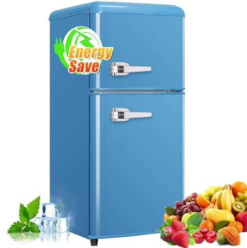 Cucina Magica Mini Fridge for Bedroom, 3.2 Cu.Ft Mini Fridge, Retro Refrigerator with Adjustable and Removable Double Doors, Suitable for Office, Bedroom, Dormitory or Cabin, Blue