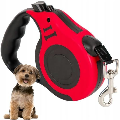 Guinzaglio Retrattile Cani, Fino 5 metri Lunghezza, Tasto Blocco, Taglia PICCOLA/MEDIA, Peso Massimo 15 Kg, Corda Senza Grovigli a 360°, Impugnatura Ergonomica (ROSSO)
