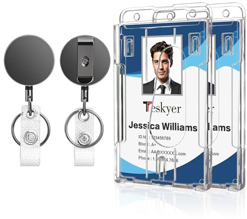 Teskyer 2 Stück Ausweishalter Ausziehbar - Transparent, Hartplastik, mit Metallkonstruktion, Nylonschnur, für 2 Kartenfächer, Vertikales