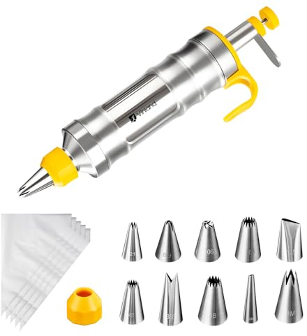 Dessert Decorating Syringe Set Icing Piping Kit Frosting Piping Kit Stainless Steels Cake Decorating Kit with 10 food grade stainless steel piping tips & 50 Disposable Piping Bags Yellow