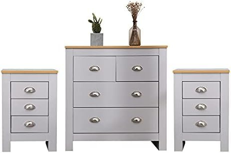 Wooden Bedroom 3 Pieces Set (2+2 Drawers Chest + 3 Drawers Bedside Table x2) Chest of Drawers Set Organizer Unit Storage Unit Cabinets Cupboard for Bedroom
