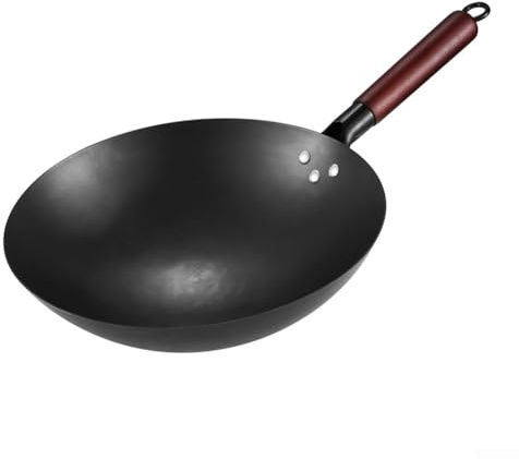 Honseadek Padella wok in ghisa non rivestita per cucinare a casa, grande padella per friggere in 30 cm 32 cm 34 cm 36 cm, pentole in ferro resistente per pasti (13,4 in A)