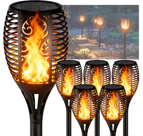 HOUSN 6 Antorchas Solares Exterior Jardin con Efecto Llama Realista, Luces Solares LED Impermeables IP65 para Patio, Césped, Camino y Decoración Jardín Exterior