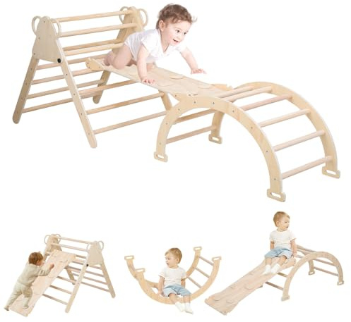 Hebitod Cadre d'escalade d'intérieur Montessori - Ensemble 3-en-1 avec toboggan, arc et triangle - Librement combinable et pliable - Équipement de jeu polyvalent en bois pour le développement des