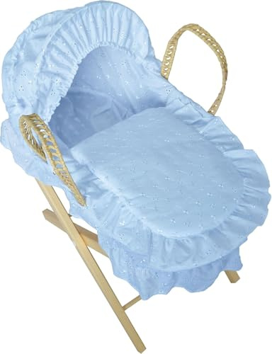 Dolls Moses Basket With Stand – Broderie Anglaise Bedding, for Kids & Toddlers (Blue)