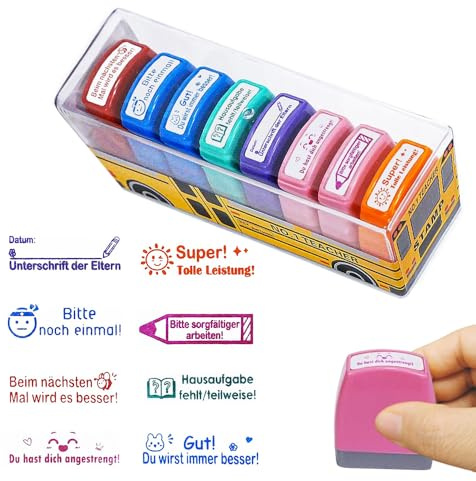 Nzkeuf Lot de 8 Tampons Enseignants Allemand, Tampons Auto-Encreurs avec Boîte de Rangement, Tampons de Récompense & d’Évaluation pour Enfants, Idée Cadeau pour Professeurs & Maternelle