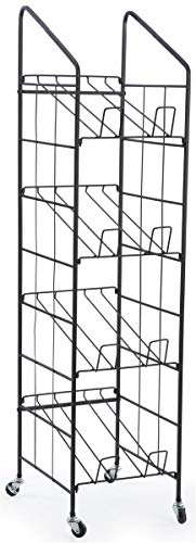 Displays2go Portable Newspaper and Magazine Rack, 4 Angled Shelves, Locking Caster Wheels (Black Steel)