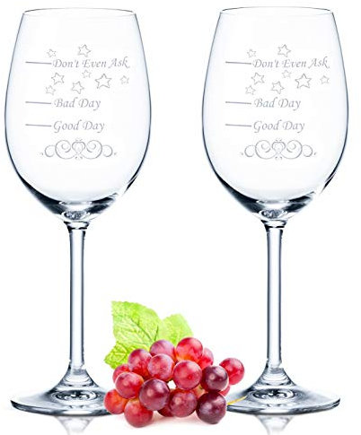 Leonardo XL - Copas de vino (2 unidades, con texto en alemán Good Day Bad Day Don't Even Ask, regalo divertido, aptas para copas de vino blanco, regalo original)