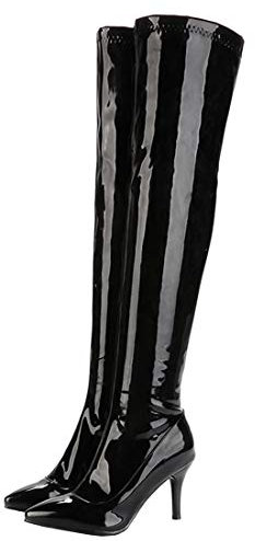 MISSUIT Damen Overknee Stiefel High Heels Stiletto Boots mit Reißverschluss Langschaftstiefel Lack Spitz 9cm Absatz Schuhe(Schwarz,37)