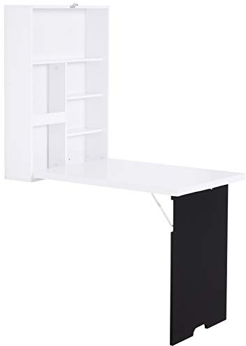 HOMCOM Folding Wall-Mounted Drop-Leaf Table, Convertible Wall Table With Chalkboard and Storage Shelf, Multifunctional Floating Desk for Home Office, White