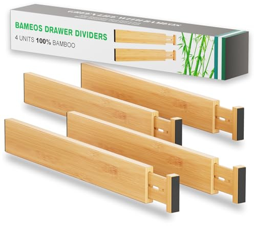 BAMEOS Drawer Dividers kitchen Organization Bamboo Utensil Organizers for Kitchen Bedroom Bathroom Dresser Office 4-pack