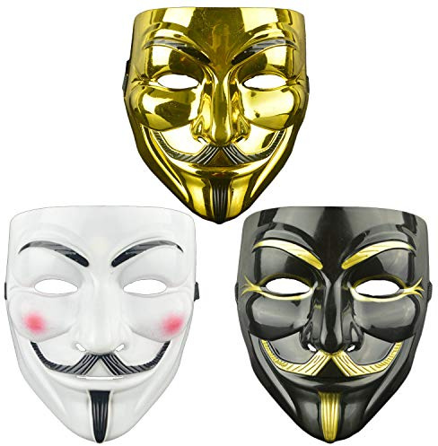 DWTECH Confezione da 3 maschere anonime V For Vendetta Guw Fawkes Hallowenn spaventose maschere anonime, settimana mondiale del libro, kit di Halloween per Halloween, cosplay, feste regalo
