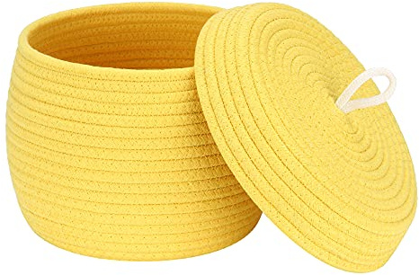 Sea Team Round Cotton Rope Storage Basket with Lid, Decorative Woven Storage Bin, Pot, Caddy, Organizer, Container for Snacks, Towels, Plants, 10 x 7.5 Inches (Small, Yellow)