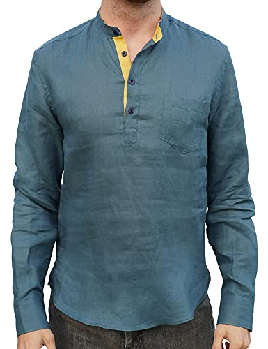 Borges & Scott - Camisa Henley 100% de Lino irlandés Grandad - Manga Larga, Teal, L