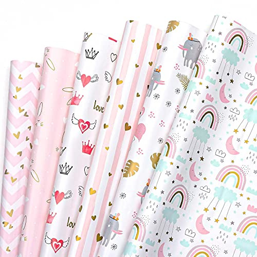 BBLIKE Papel de regalo, 6 hojas, papel de regalo de cumpleaños, 70 x 50 cm, papel doblado para cumpleaños, día de la madre, comienzo de la escuela, papel de regalo de San Valentín (corazón)