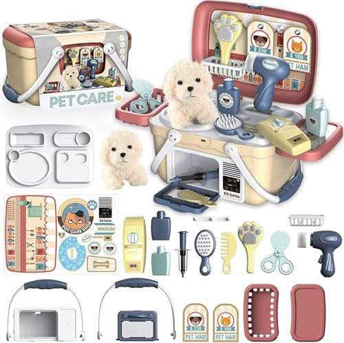 STAY GENT Maletin Medicos Veterinario Juguete, 23 Piezas Perrito Juguetes para Tratamiento y Aseo, Kit de Veterinaria con Perro de Peluche, Niños niña 2 3 4 5 6 7 Años