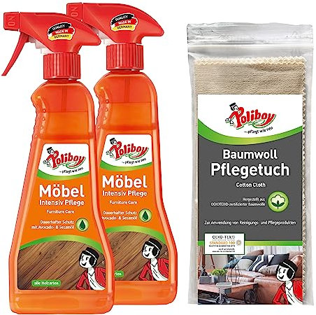 POLIBOY Möbel Intensiv Pflege - Pflegemittel für lackiertes Holz - schützende und auffrischende Holzpflege - farbneutral - 2x 375ml Sprühmatic mit Baumwolltuch - Made in Germany