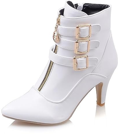 MEOTINA Buckle Ankle Boots for Women Pointed Toe High Heels Booties with Zipper Kitten Heel Shoes, Buckle White, 7 UK