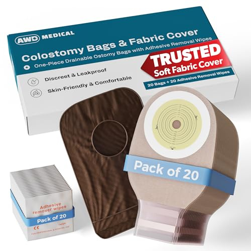 20 PCS Colostomy Bags – Ostomy Supplies - One-Piece Drainable Ostomy Bag with Odor Control for Ilestomy Stoma Care, Includes Measuring Guide, Ostomy Bag Covers, Adhesive Remover Wipes - Cut-to-Fit