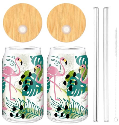 Whaline 2 Pack Summer Drinking Glasses Flamingo Plant Iced Coffee Cups Green Pink Tropical Beer Glasses Can for Summer Travel Office Home Gift