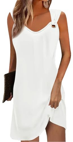 Yeenily Sommerkleid Damen Ärmellos V-Ausschnitt Freizeitkleider Elegant Tank Kleider Lässig Locker Trägerkleid Sommer Minikleid Mode Strandkleider Kurze Tunique Blushkleid (Weiß, M)