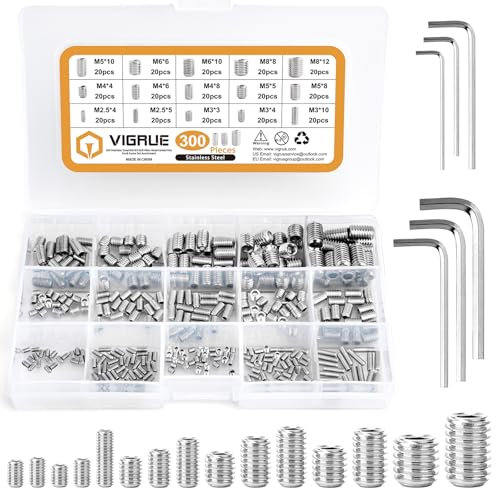 VIGRUE 300 Stück Madenschrauben Sortiment Set Edelstahl M2.5 M3 M4 M5 M6 M8 Madenschrauben/Innensechskant Gewindestifte DIN 913,Sechskantkopf Schrauben mit Schraubenschlüssel für Türgriff, Türklinke