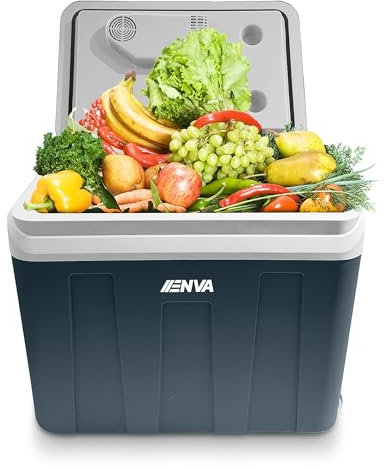 ENVA Elektro Kühlbox 12V/230V 45 Liter Kühl- und Wärmebox für Auto 18°C Kühlung 50°C Warmhaltefunktion Mini Camping Kühlschrank mit Rollen Elektrische Kühlbox + Trenngitter mobiler Campingkühlschrank