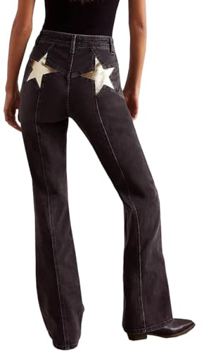 TACSTRUN Cintura Alta elástico Bootcut Jeans Holgado Estrella Parche Desgastado Recto Pantalones de Mezclilla de Las Mujeres,Negro,XL