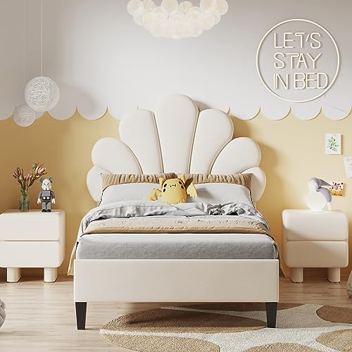 Mutuolux Enkelsäng för flickor, 90 x 200 cm, vadderad med blomformad sänggavel och ribbotten, stabil sängram, för barn och tonåringar, hudvänlig sammet, beige