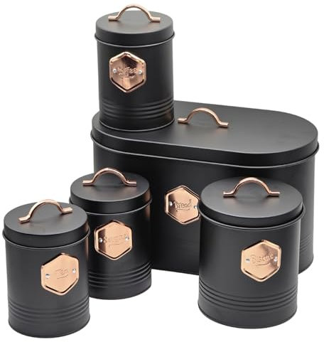 5-Piece Airtight Kitchen Canister Set – Tea, Coffee, Sugar, Bread & Biscuit Storage Tins – Labelled Containers for Pantry/Kitchen Organization – Stylish Black & Copper Design