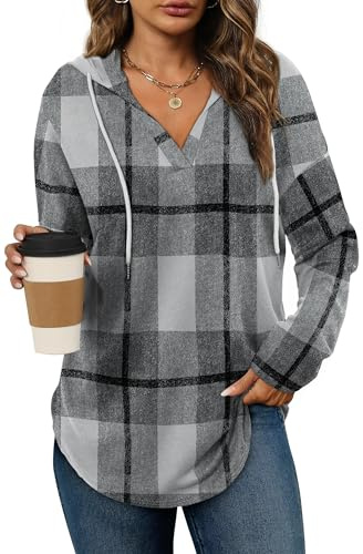 Cuptacc huvtröja damtröja V-ringad huvtröja dam med dragsko sweatshirt lamoversized tröja, Grå pläd, M